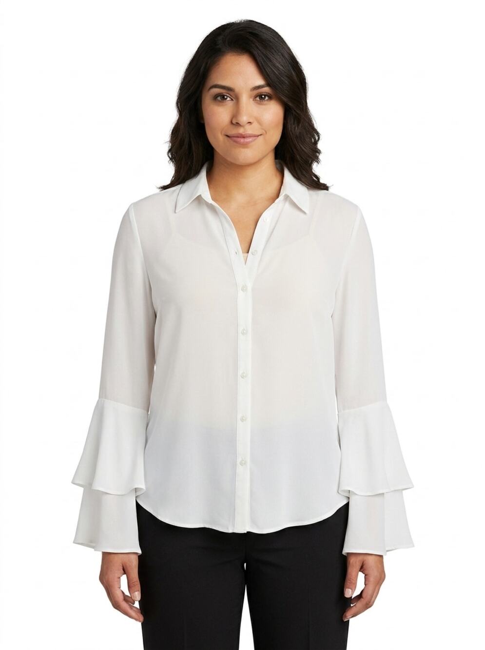 Carmen White Tiered Bell Sleeve Ruffle Button Up Blouse Women Size M